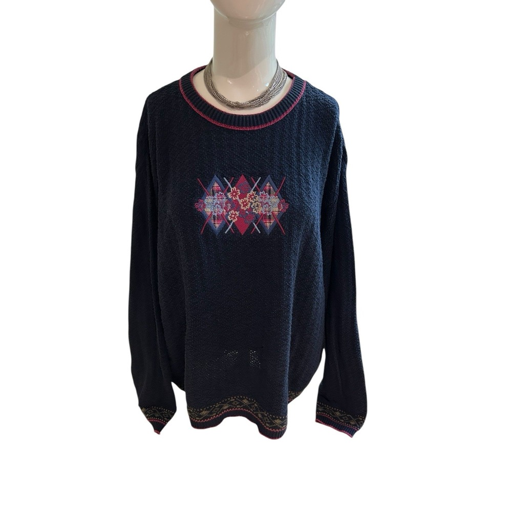 Vtg 90s Northern Reflections Classic Preppy Thin Sweater Flowers Embroidered XL